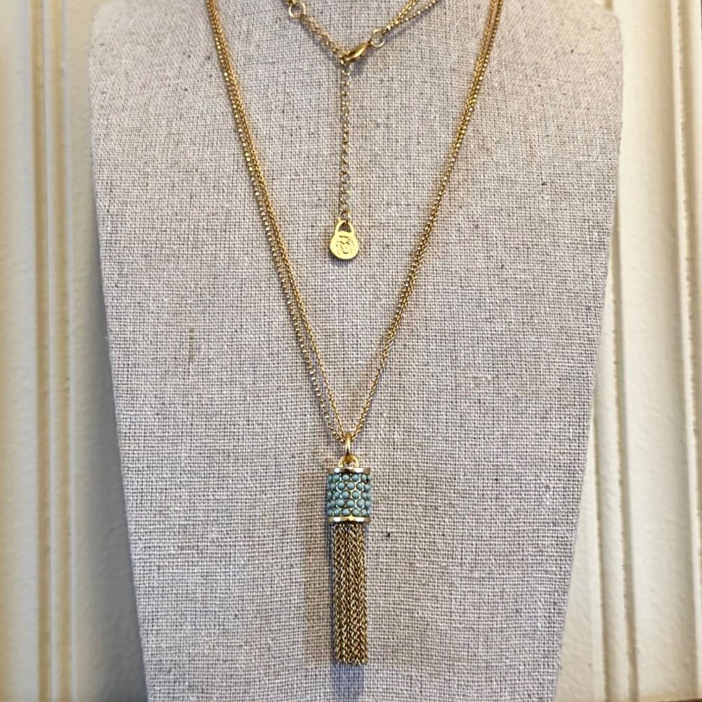 VTG Spartina Gold Tone Barrel Tassel Necklace Blue Stone Accents 30-32" Length